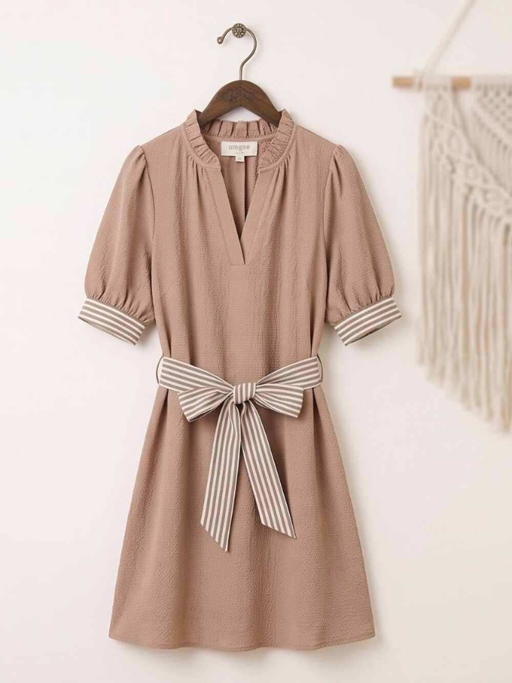 Umgee Textured Contrast Trim Tie Waist Mini Dress